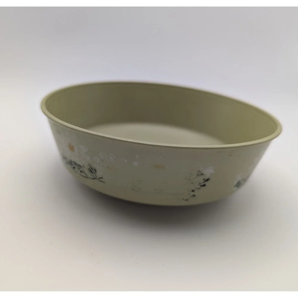 ChiffonWare 1973 Vintage Plastic Bowl Olive Green White Daisy Floral Retro MCM‎